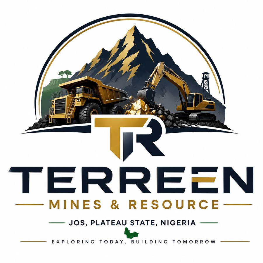 Terreen Mines & Resource logo: a mountain, dump truck and excavator above the TR monogram, with the words Jos, Plateau State, Nigeria and Exploring today, building tomorrow